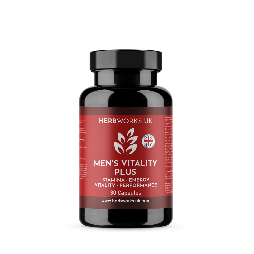 Men's Vitality Plus (centre label) - Performance & Libido Enhancer - Energy, Stamina, Strength, Vitality, Vigour Support - Halal supplements Made in The UK by HerbWorks UK.