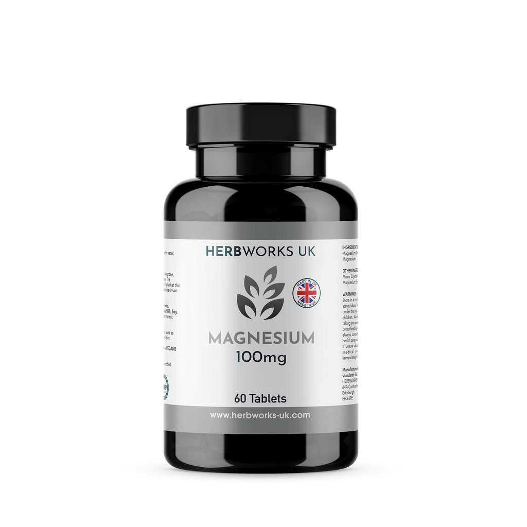 Magnesium 100mg label centre - Halal Vegetarian Vegan Vitamins Supplements by HerbWorks UK