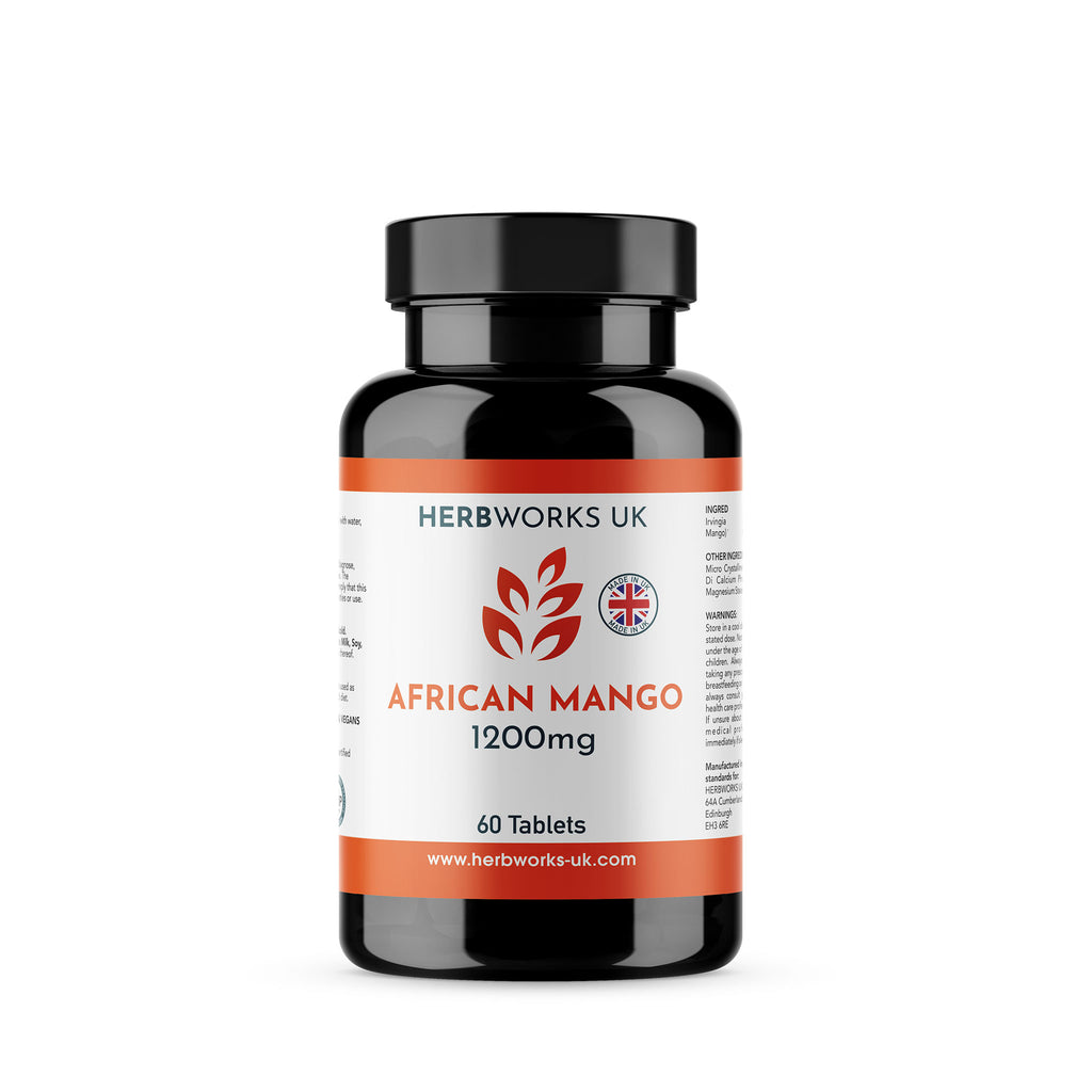 African Mango 1200mg Supplements label centre - Halal Vegetarian Vegan Vitamins Supplements by HerbWorks UK