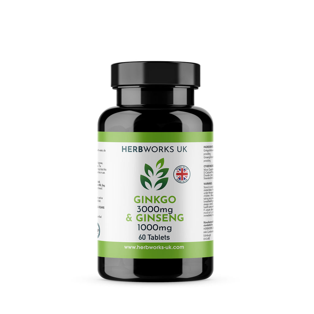 Ginkgo 3000mg and Ginseng 1000mg label centre - Halal Vegetarian Vegan Vitamins Supplements by HerbWorks UK