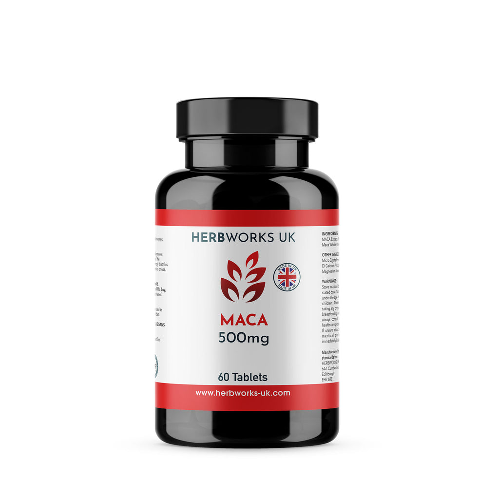 Maca 500mg label centre - Halal Vegetarian Vegan Vitamins Supplements by HerbWorks UK. Energy, Stamina, Strength, Libido, Vitality, Menopause Support.