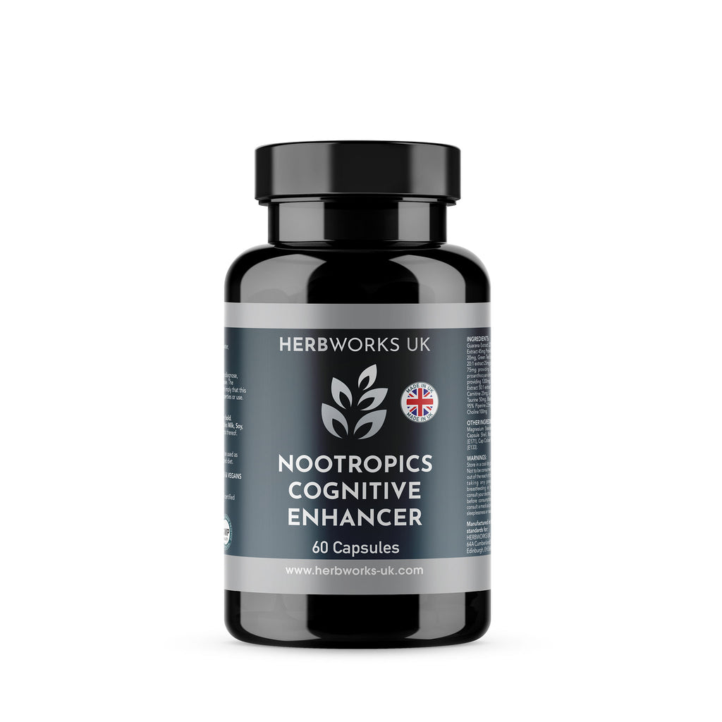 Nootropics Cognitive Enhancer label centre - Halal Vegetarian Vegan Vitamins Supplements by HerbWorks UK