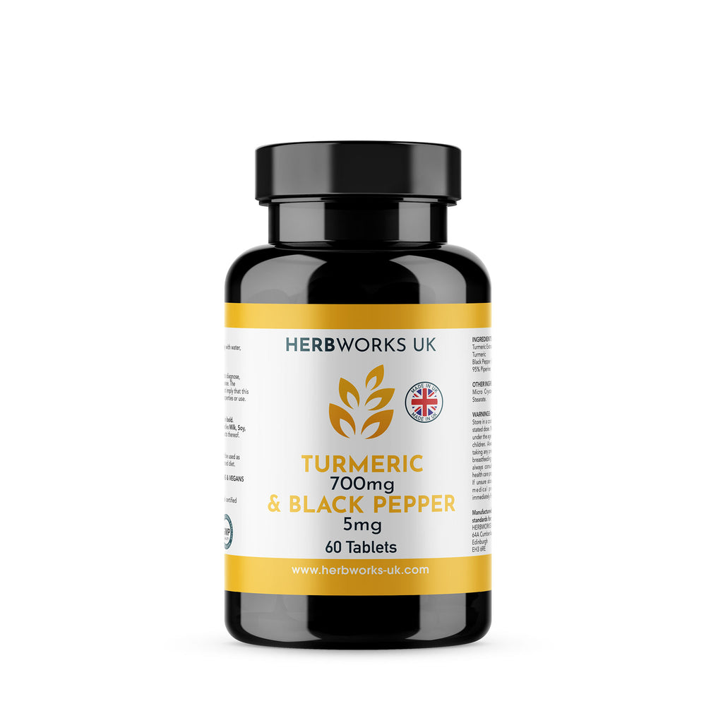 Turmeric 700mg Plus 5mg Black Pepper label centre - Halal Vegetarian Vegan Vitamins Supplements by HerbWorks UK